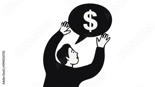 A person reaching up towards a speech bubble containing a prominent dollar sign, symbolizing financial aspiration.