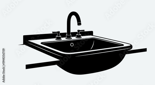 Modern Black Sink with Chrome Faucet and Handles on a Light Gray Background