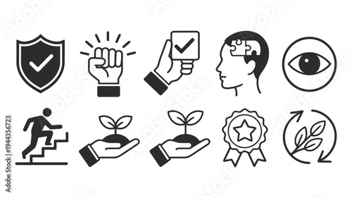 A comprehensive collection of ten distinct black and white icons illustrating essential business and personal development concepts.