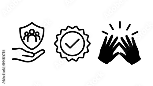 A simple set of three outline icons representing concepts of protection, certified quality, and enthusiastic agreement.