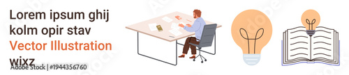 Creativity, education, teamwork, innovation, academic learning, business strategy. Business professional at desk, light bulb symbol open book. Creativity and education