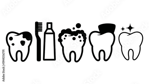 A clear sequential illustration showing the process of dental health from decay to sparkling cleanliness.