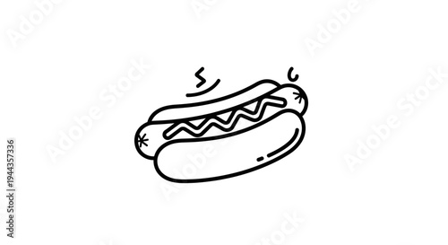 Hand-drawn hot dog with mustard and steam, simple line art illustration