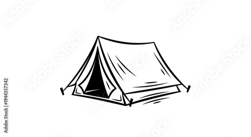 Hand-drawn sketch of a vintage camping tent, outdoor adventure, minimalist black and white illustration