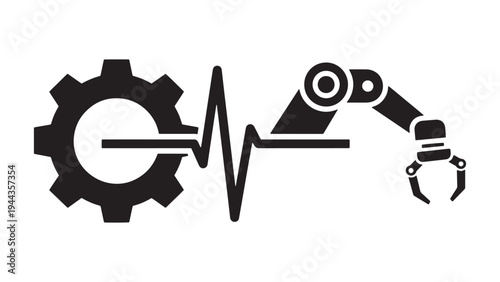 Gear and robotic arm with pulse line vector symbolizing industrial automation and performance monitoring systems