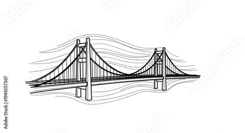 Hand-drawn sketch of a suspension bridge, iconic landmark, architectural design, engineering marvel