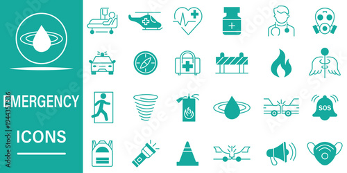 Emergency icon set. Contains such icons as ambulance, lifebuoy, alarm, police, medical, emergency exit, hospital, and more. Solid vector illustration.