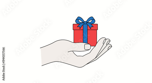 Hand holding gift box with blue ribbon