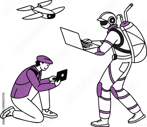 Flat vector illustration of two technology engineers using a laptop and tablet to remotely operate a modern drone for professional survey inspection.