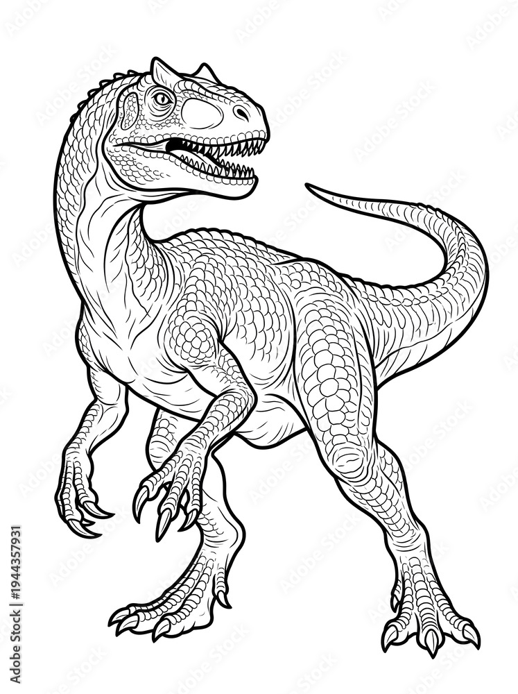 Fototapeta premium Hyper-Realistic Allosaurus Coloring Page - Detailed Jurassic Predator Printable