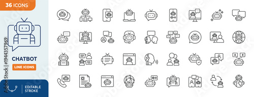 Chatbot icon set. Contain icons related to chatbot, support, virtual assistant, creative ai, communication, and more. editable stroke. Vector illustration