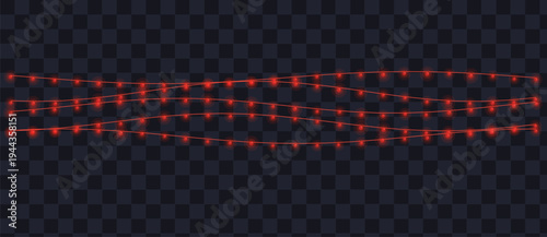 Three wavy strings of brilliant red Christmas lights illuminate a dark