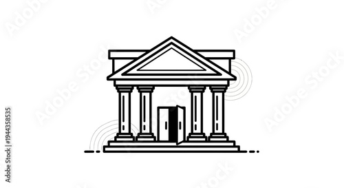 Classic Greek Temple Facade with Open Doors, Architectural Outline