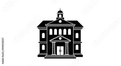 Classic Government Building Facade with Columns and Pediment, Black and White Icon