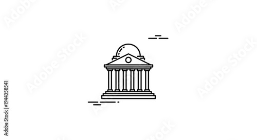 Classic Government Building Icon with Columns and Dome, Minimalist Line Art
