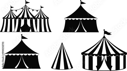 Black circus tent silhouettes collection featuring striped carnival big top marquee icons carnival festival fair event entertainment isolated vector illustration set.