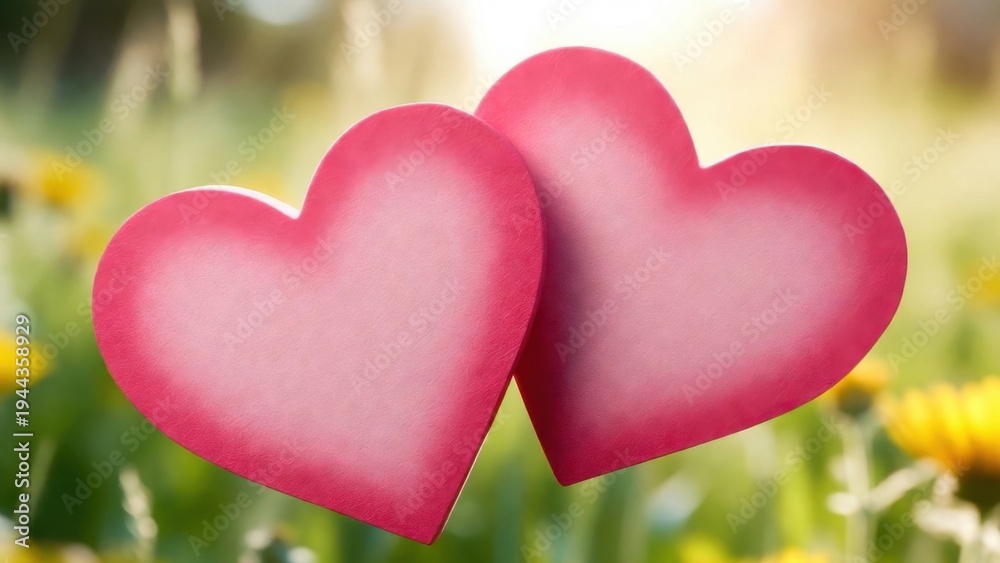 Fototapeta premium Two paper hearts touching in sunlit meadow background
