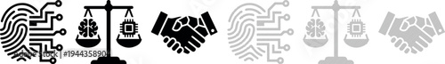 Collection of justice, partnership, and technology icons in black and gray on white background