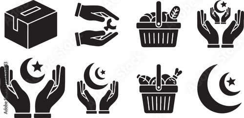 Ramadan Kareem icons with hands and food donations