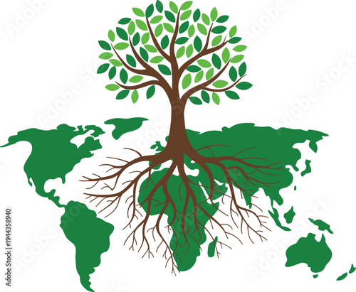 Global Tree of Life Roots Growing on World Map Illustration