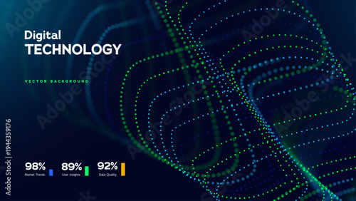Digital Technology Background With Glowing Dotted Waves And Abstract Data Flow On Dark Blue. Smart Analytics Solutions. Vector Illustration
