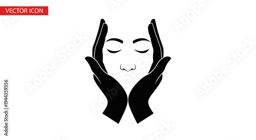 Black Silhouette of Hands Cupping a Woman's Face, Eyes Closed, Spa and Beauty Concept