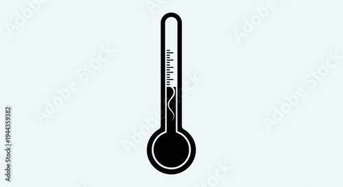 Black Thermometer Icon on Light Blue Background, Simple Vector Illustration