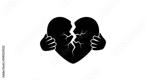 Broken Heart Embraced by Hands Silhouette, Symbol of Sadness, Loss, and Healing