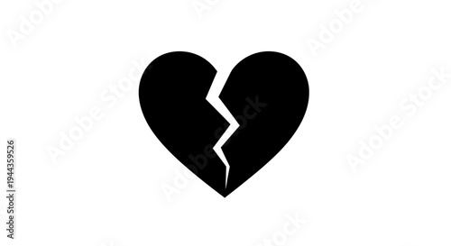 Broken Heart Icon Black Silhouette on White Background, Symbol of Sadness and Loss