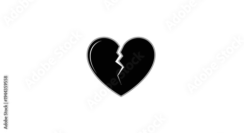 Broken Heart Icon Symbol, Black Silhouette on White Background, Sadness, Loss, Grief, Breakup Concept