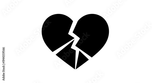 Broken Heart Icon Black Silhouette, Symbol of Sadness, Pain, and Relationship Problems
