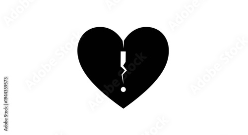 Broken Heart Icon with Crack and Exclamation Mark, Symbol of Sadness, Pain, and Relationship Problems