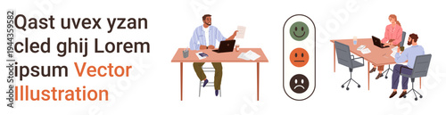 Workplace dynamics, employee feedback, teamwork, business meetings, corporate communication, HR evaluation. Colleagues discussing with a happy rating scale nearby. Workplace dynamics and employee