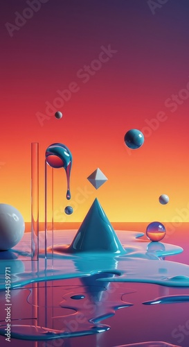 Dreamlike abstract composition featuring impossible geometric structures and liquid forms melting into a vibrant, ethereal void ,strange ,design ,dreamlike