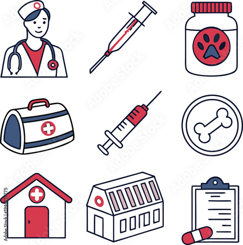 Veterinary healthcare icons set featuring a female veterinarian, medical syringes, medicine bottles, and pet clinic buildings in a minimalist flat vector illustration style.
