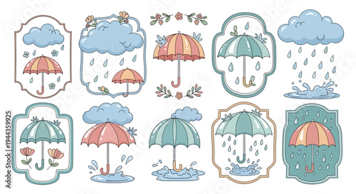 Cute Umbrella and Raindrops Stickers Set - Kawaii Weather Elements
