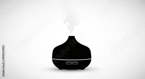Black essential oil diffuser emitting steam on white background