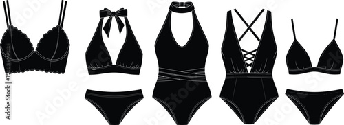 Black swimsuit silhouette vector set featuring one piece bathing suits and bikini swimwear collection for summer beach fashion and flat illustration.