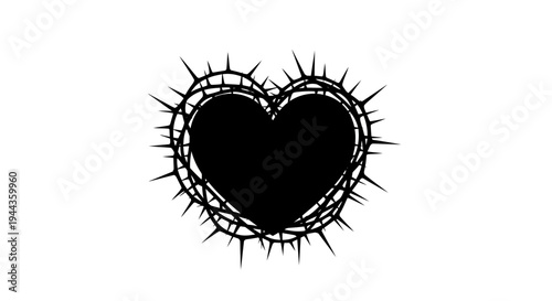 Black Heart Crown of Thorns Silhouette, Symbol of Pain, Love, Sacrifice, Suffering