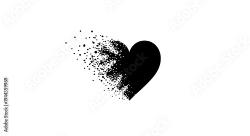 Black Heart Dissolving into Particles on White Background - Symbol of Broken Heart, Loss, or Sadness