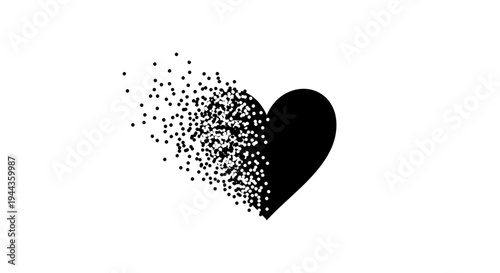 Black Heart Dissolving into Particles on White Background