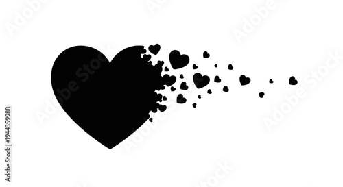 Black Heart Dissolving into Small Hearts, Symbolizing Loss, Sadness, or Breakup