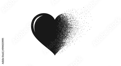Black Heart Dissolving into Particles on White Background