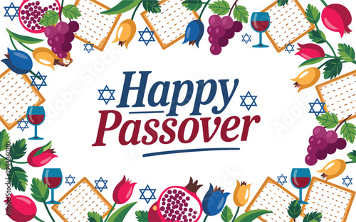 Happy Passover Greeting with Matzah Grapes Pomegranate Wine and Tulips Border