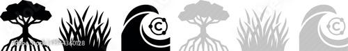 Collection of nature icons including tree, grass, wave, and abstract patterns in black and white