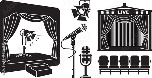 Theatrical stage setup with microphone and spotlight equipment illustration