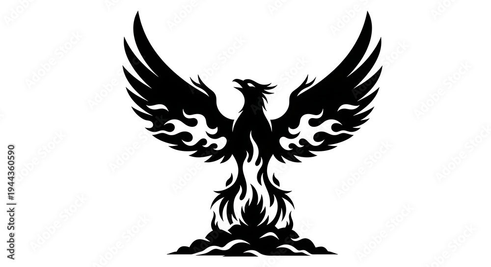 Obraz premium Powerful Phoenix Rising from Flames Black Silhouette
