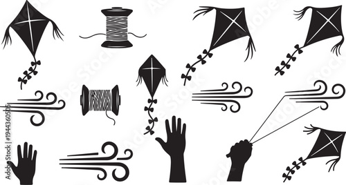 Kite flying icons and silhouettes on white background