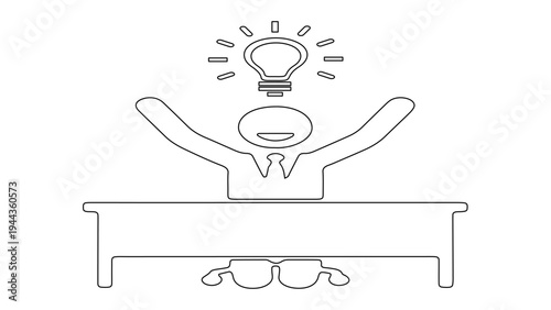 Line art illustration of a businessman sitting at a desk with a glowing light bulb over his head, symbolizing a great business idea or epiphany.