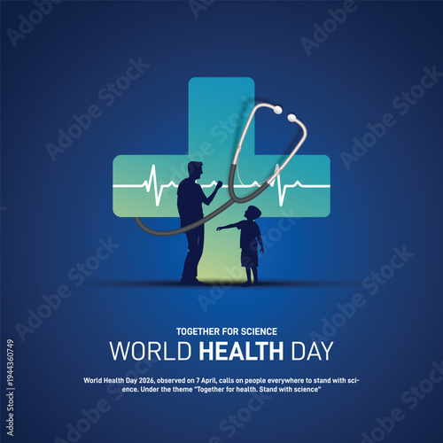 world health day 2026. world health day concept banner, poster, social media post, postcard, background, backdrop, template, greetings card, cover design. Together for science